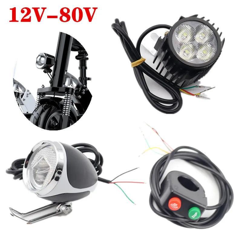 12-80V E-bike Front Lamp Light With Horn For Kugoo Electric Kick Scooter Electric Bicycle Led Headlights Cycling Part Accessory - VirtuousWares.Store