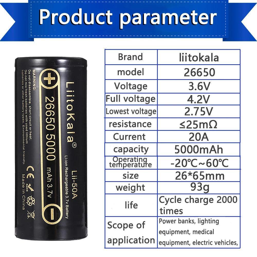 1-18pcs LiitoKala lii-50A 26650 5000mah lithium battery 3.7V 5000mAh - VirtuousWares.Store