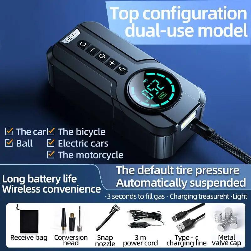 2 In 1 Portable Air Compressor Wireless Car Air Pump Power Bank Auto - VirtuousWares.Store