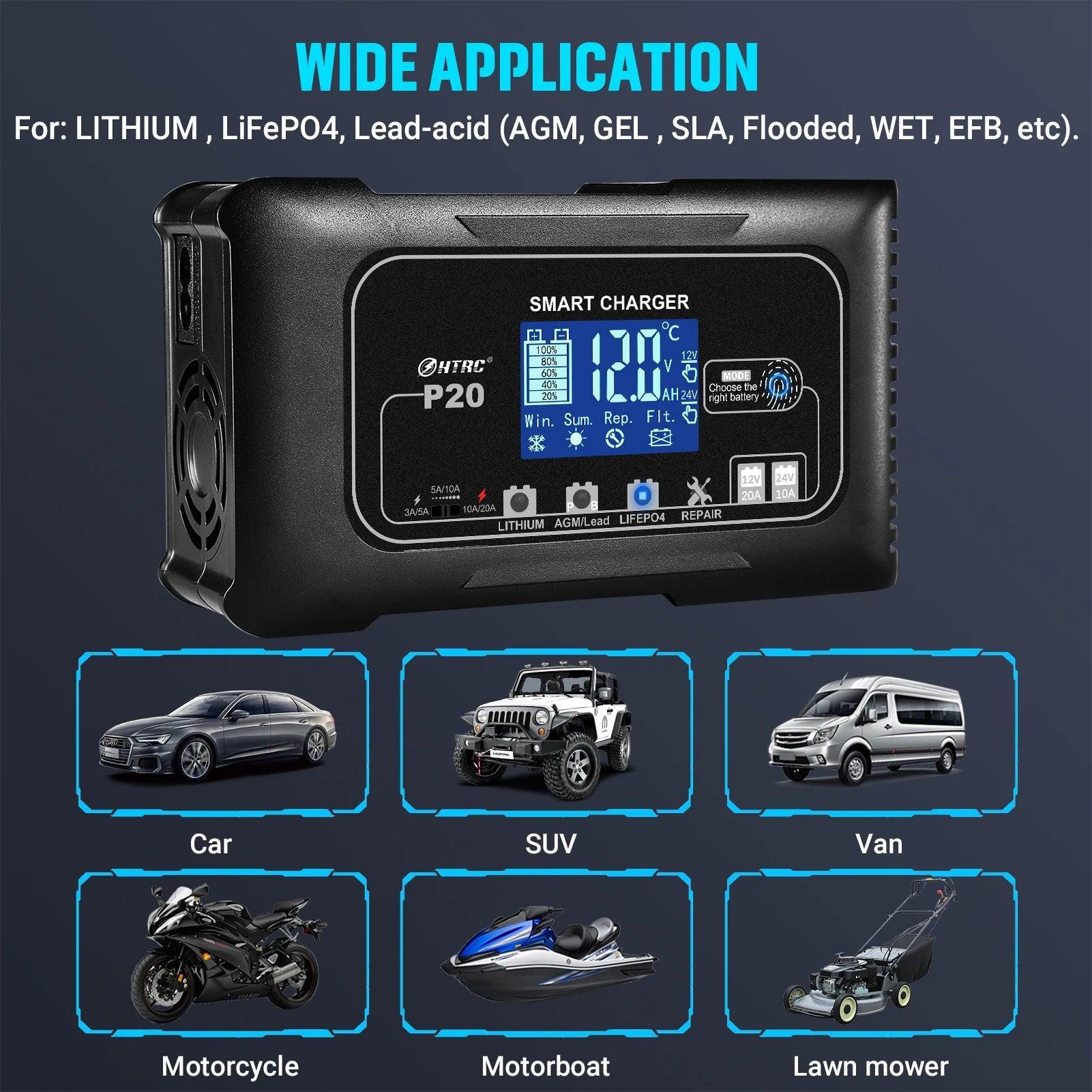HTRC 15A/20A Smart Battery Charger Automatic Pulse Repair Charge for Lead-Acid Lithium LiFePO4 Battery Car Motorcycle Charger - VirtuousWares.Store
