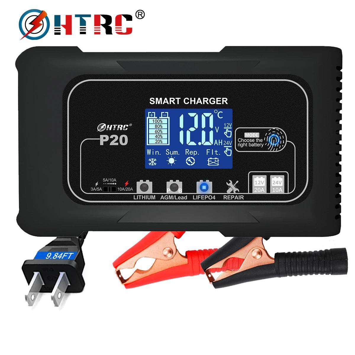 HTRC 15A/20A Smart Battery Charger Automatic Pulse Repair Charge for Lead-Acid Lithium LiFePO4 Battery Car Motorcycle Charger - VirtuousWares.Store