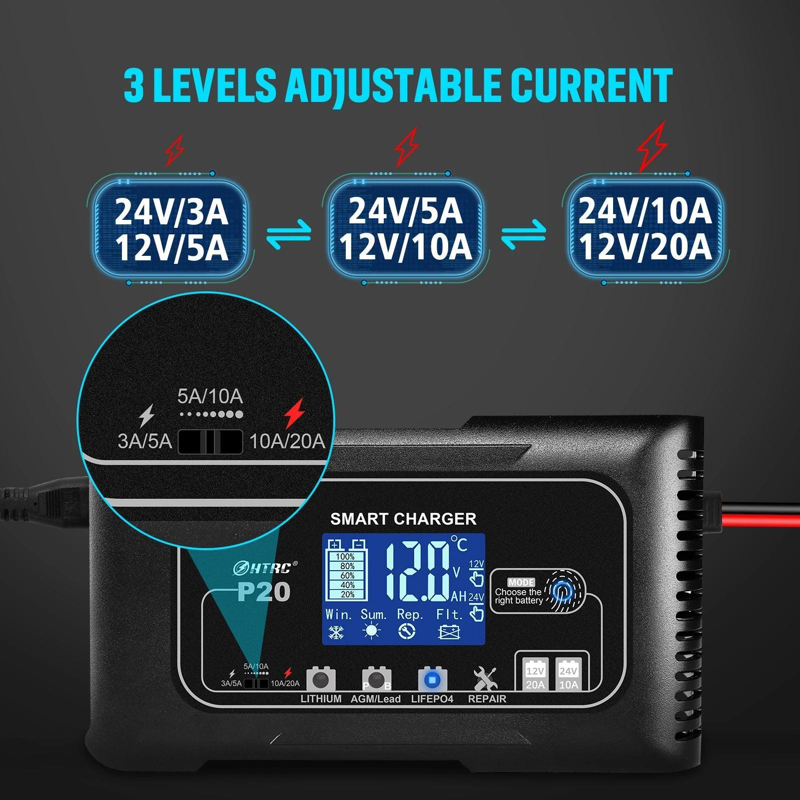 HTRC 15A/20A Smart Battery Charger Automatic Pulse Repair Charge for Lead-Acid Lithium LiFePO4 Battery Car Motorcycle Charger - VirtuousWares.Store
