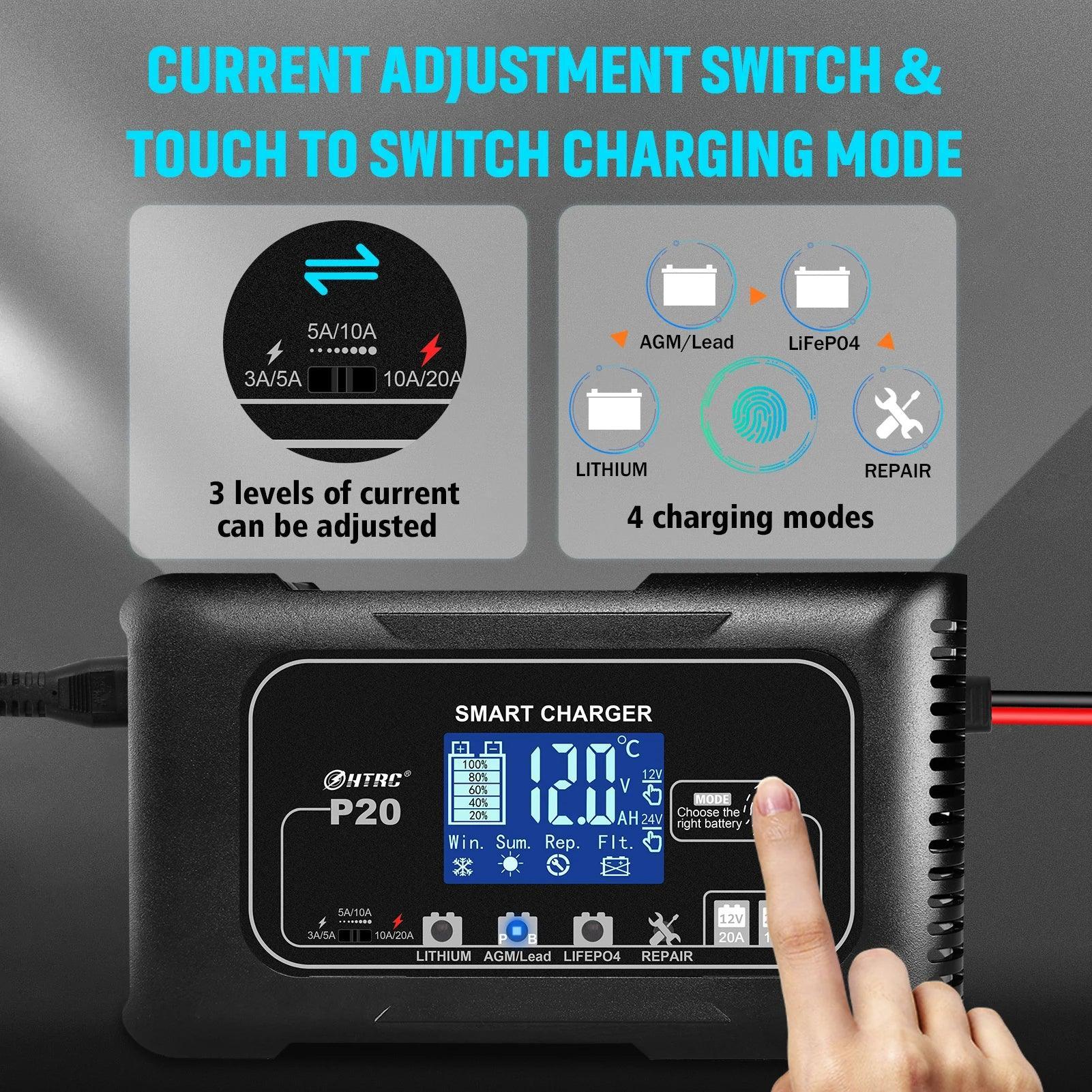 HTRC 15A/20A Smart Battery Charger Automatic Pulse Repair Charge for Lead-Acid Lithium LiFePO4 Battery Car Motorcycle Charger - VirtuousWares.Store
