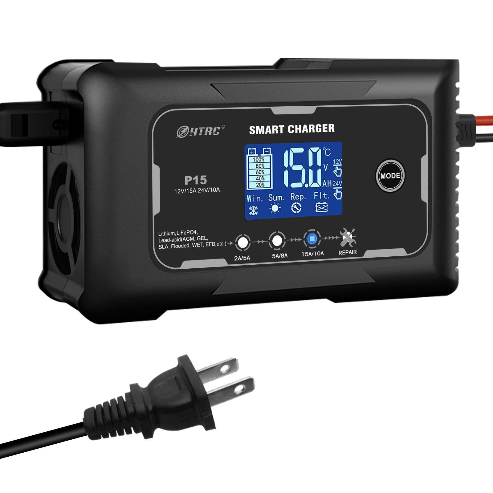 HTRC 15A/20A Smart Battery Charger Automatic Pulse Repair Charge for Lead-Acid Lithium LiFePO4 Battery Car Motorcycle Charger - VirtuousWares.Store