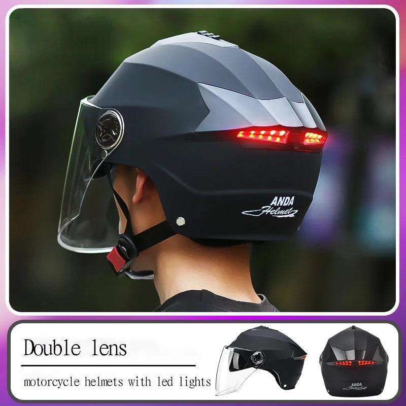 Motorcycle Helmets With Led Lights Moped Helmet Electric Scooter for Men Women With Double Visor Rechargeable Bicycle Light Bike - VirtuousWares.Store