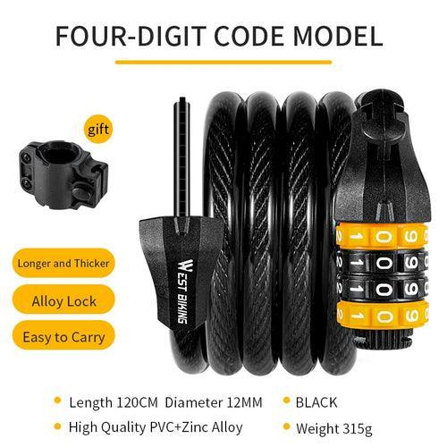 WEST BIKING Bicycle Cable Lock MTB Road Bike Security Steel Cable - VirtuousWares.Store