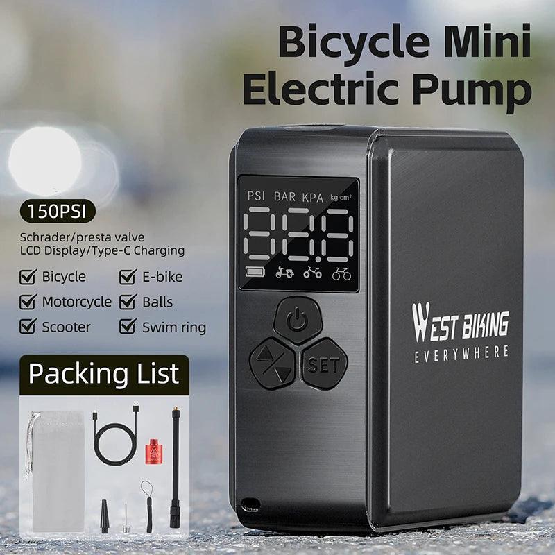 WEST BIKING Bike Pump Portable Mini Electric Air Pump 150PSI Tire - VirtuousWares.Store